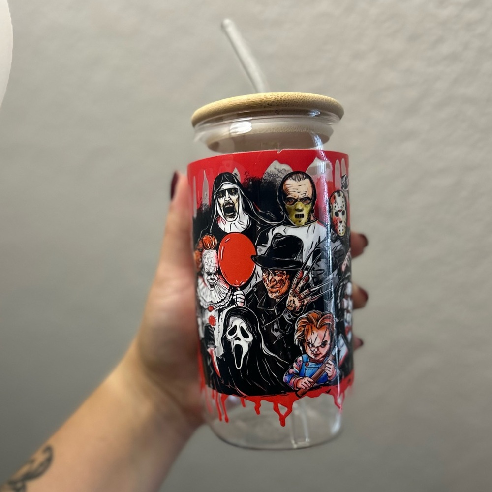 Horror Character Glass Tumbler with Straw